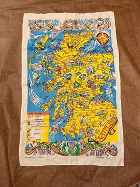 Vintage Causway Scotland Map Tea Towel Linen Cotton 29x18”